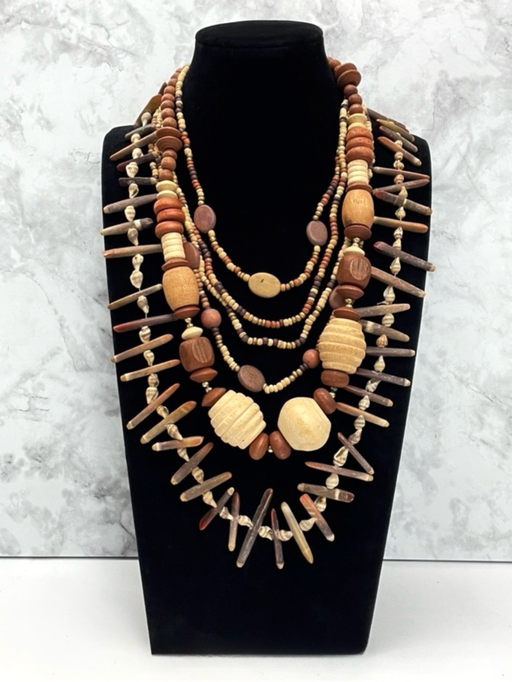 Boho Wooden Bead Shell Necklace Bundle Chunky Layered Statement Ethnic Jewelry